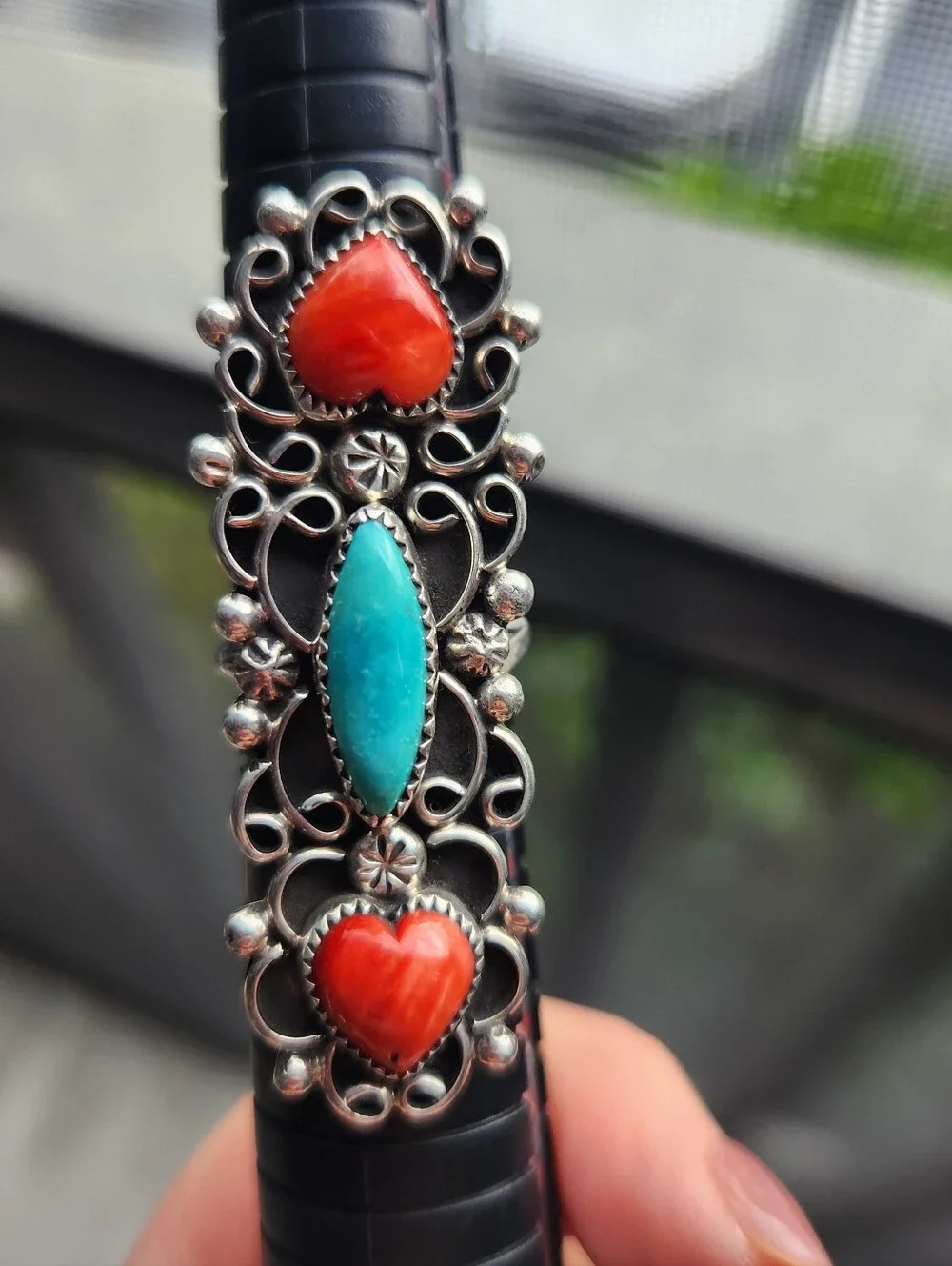 Handmade Sterling Silver 925 Navajo Native American Spiny Heart, Turquoise Ring